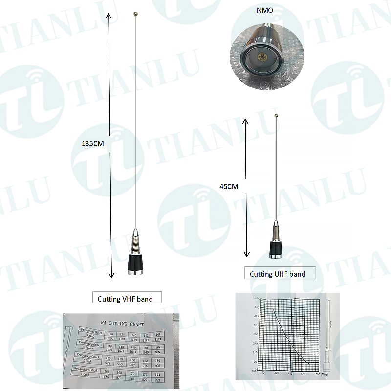 NMO Car Antenna 3.5dBi Stainless Steel Spring And Whip Antenna With Cutting Chart VHF(136-174mhz) or UHF(380-520mhz) 5/8 wave